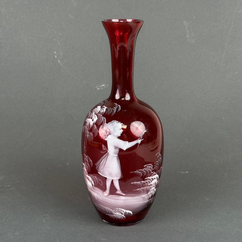 Mary Gregory Cranberry Art Glass Vase Hand Decorated Child Foliage 9.25"